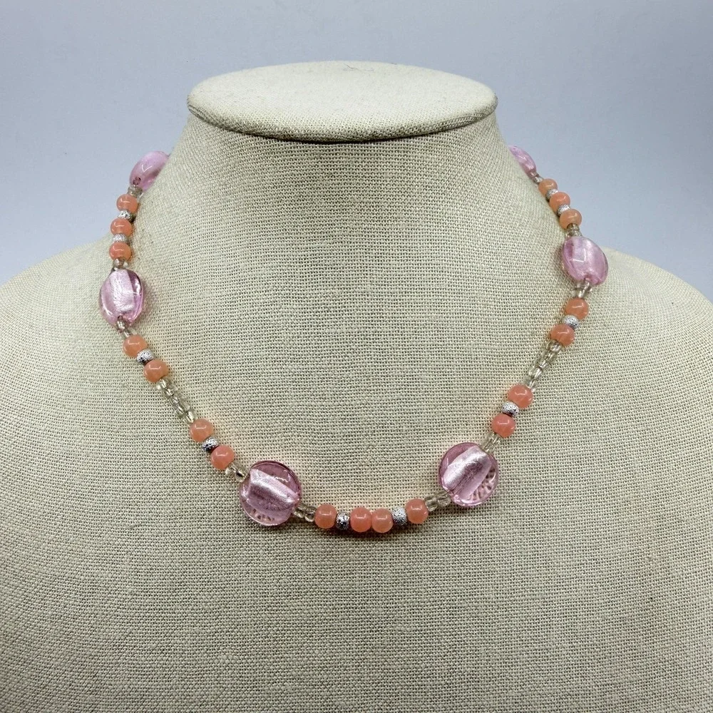 Necklace Pink Foil Glass Bead Peach Coral Silver Tone Boho Artisan Statement
